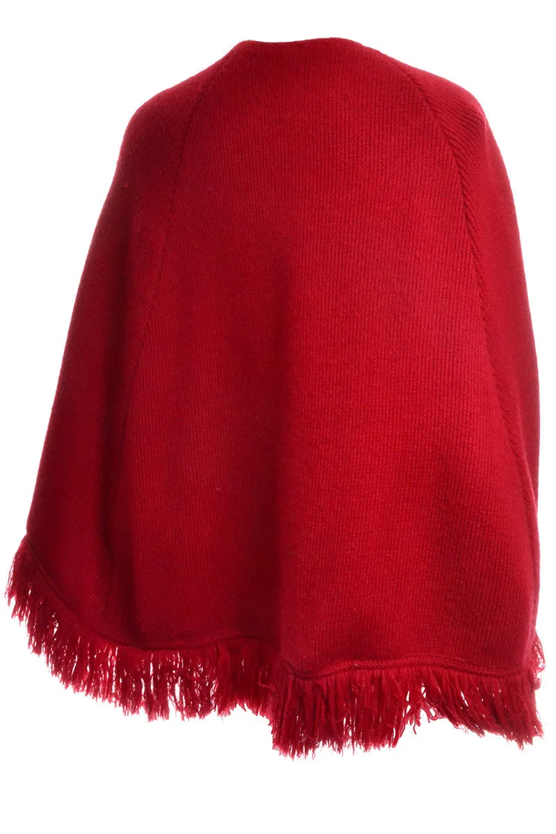 1970s Red Knit Fringe Vintage Cape Balboa Buttons