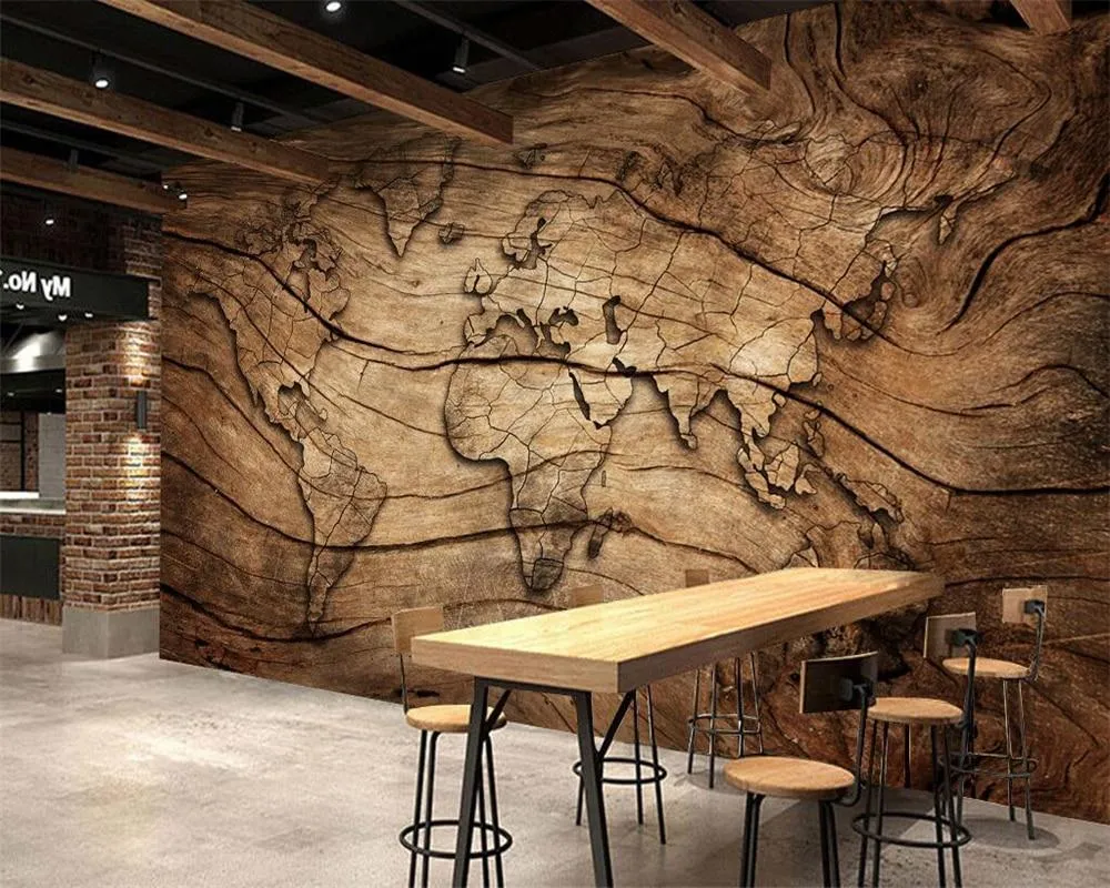 3D Worldmap Vintage Wood Grain Wallpaper Sticker
