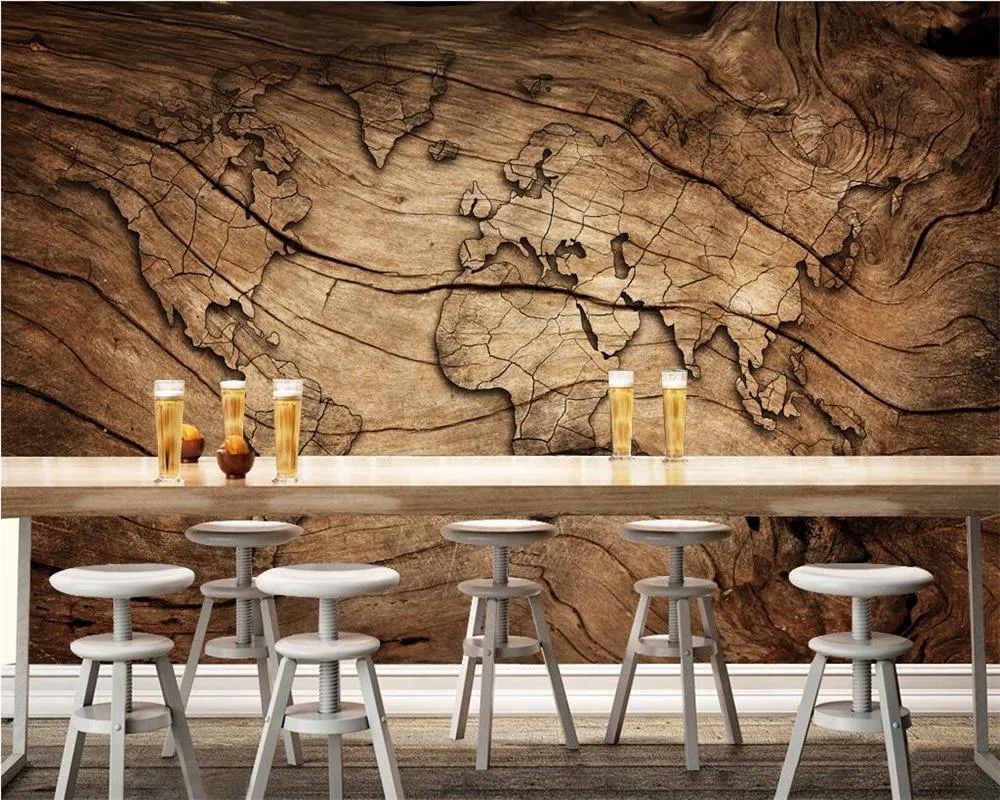 3D Worldmap Vintage Wood Grain Wallpaper Sticker