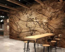 3D Worldmap Vintage Wood Grain Wallpaper Sticker