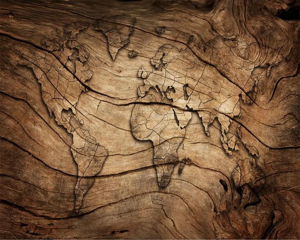 3D Worldmap Vintage Wood Grain Wallpaper Sticker