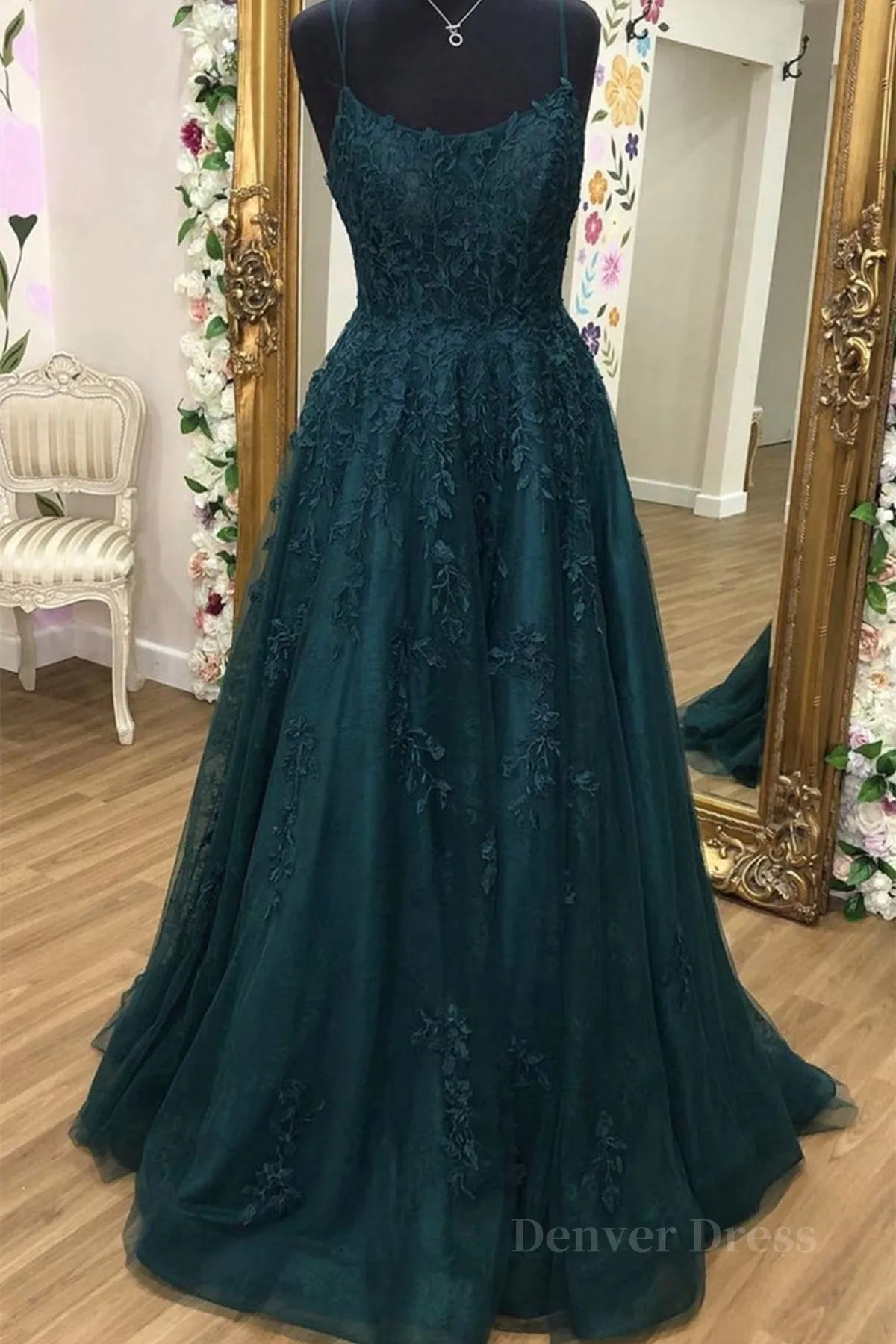 A Line Dark Green Tulle Lace Long Prom Dress Dark Green Lace Formal Graduation Evening Dress