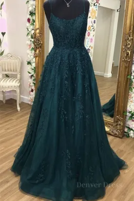 A Line Dark Green Tulle Lace Long Prom Dress Dark Green Lace Formal Graduation Evening Dress