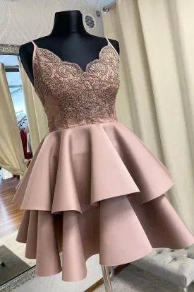 A-Line Satin Lace Short Prom Dress Cute Lace Party Dress