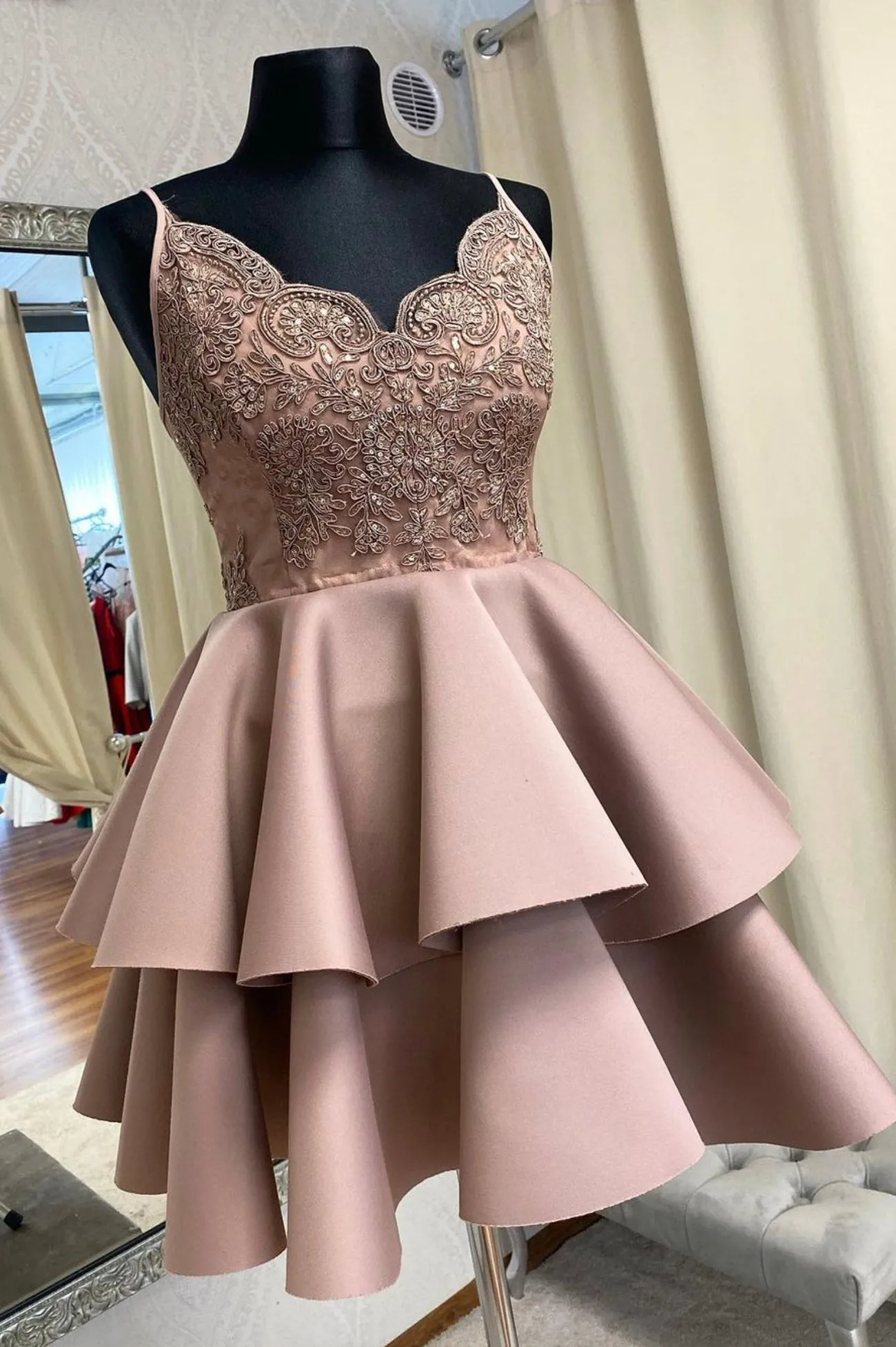 A-Line Satin Lace Short Prom Dress Cute Lace Party Dress