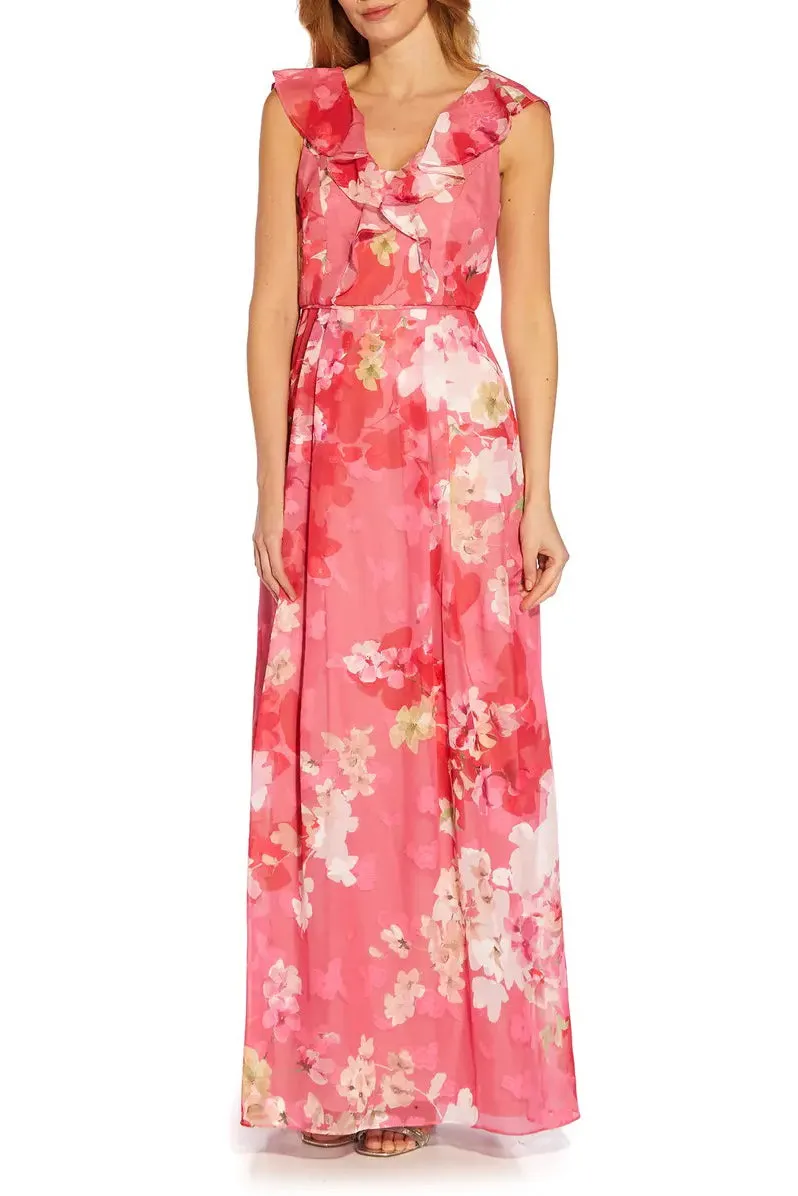 Adrianna Papell V-Neck Cap Sleeves Back Zipper Long Chiffon Dress