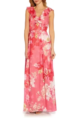 Adrianna Papell V-Neck Cap Sleeves Back Zipper Long Chiffon Dress