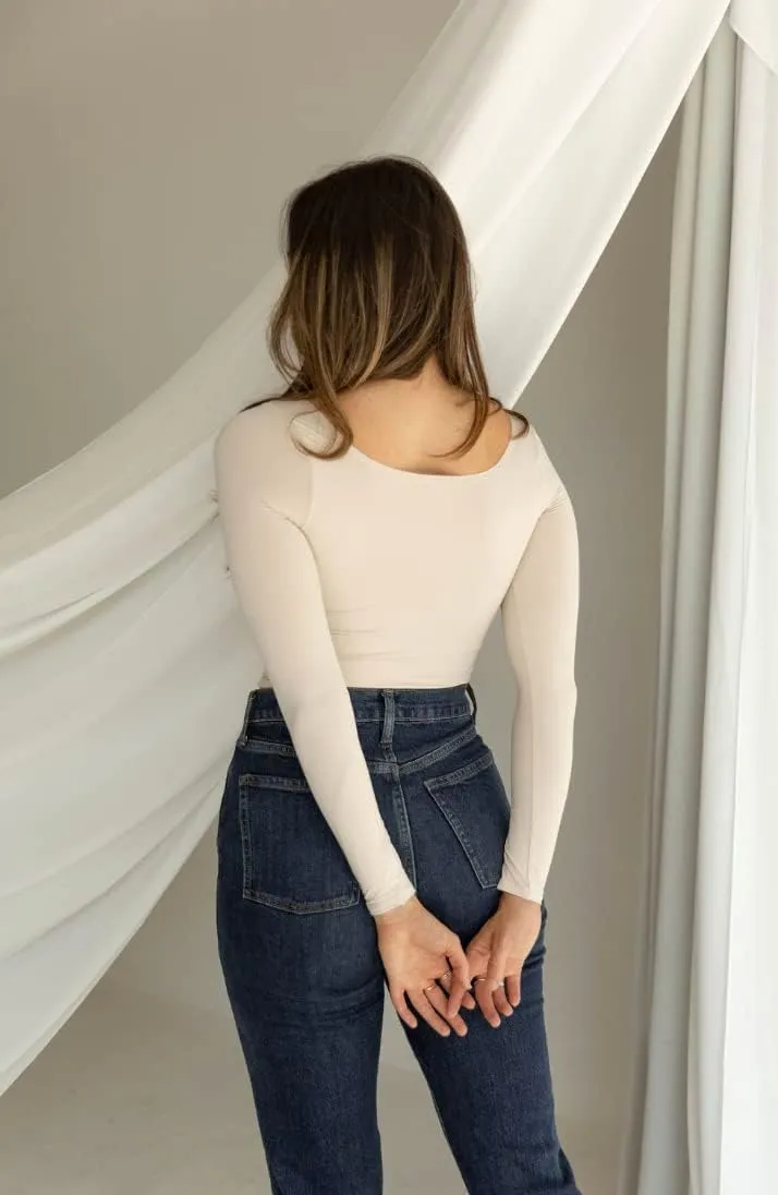 Almere Long Sleeve Top for Women, Contour Double-Lined Seamless Smooth Fabric Sleeved Basic Top w/Low Neck Cut