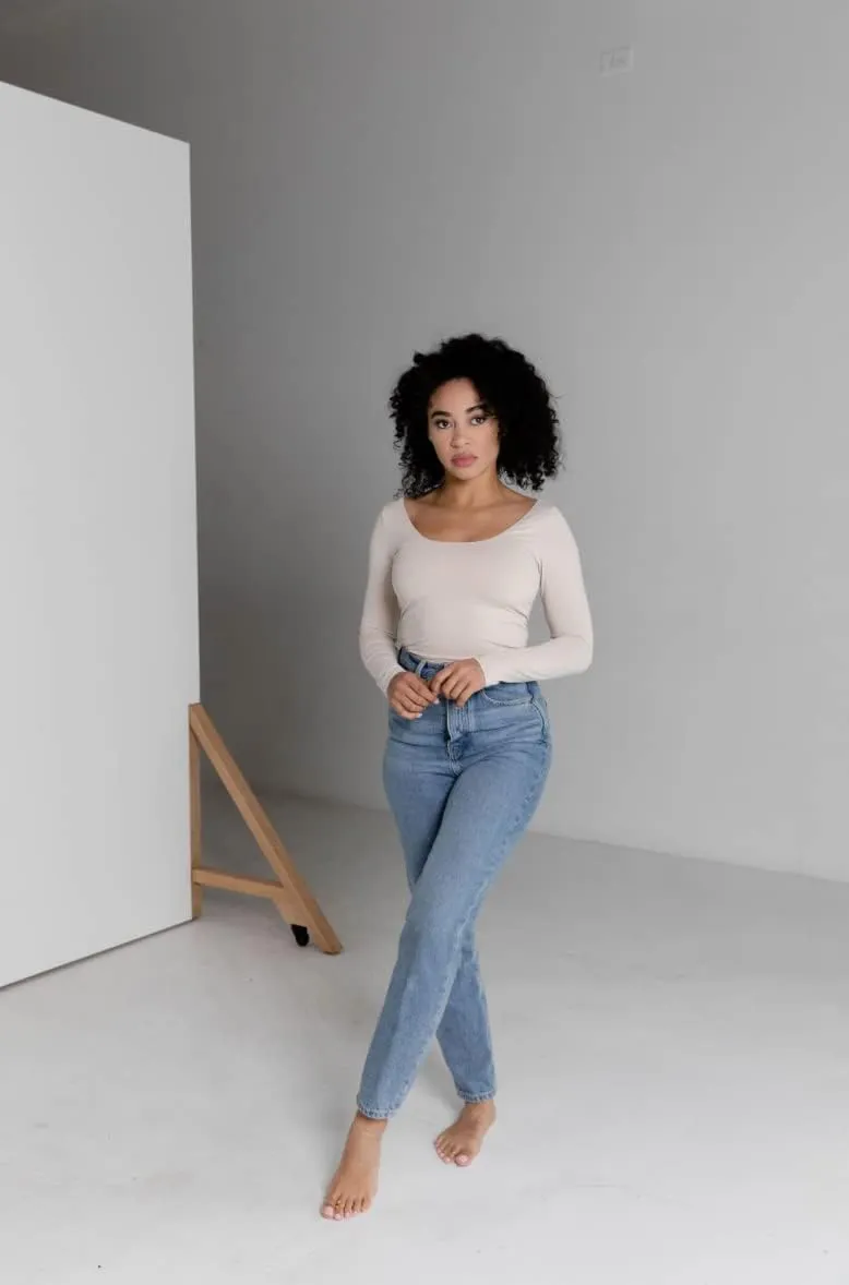 Almere Long Sleeve Top for Women, Contour Double-Lined Seamless Smooth Fabric Sleeved Basic Top w/Low Neck Cut