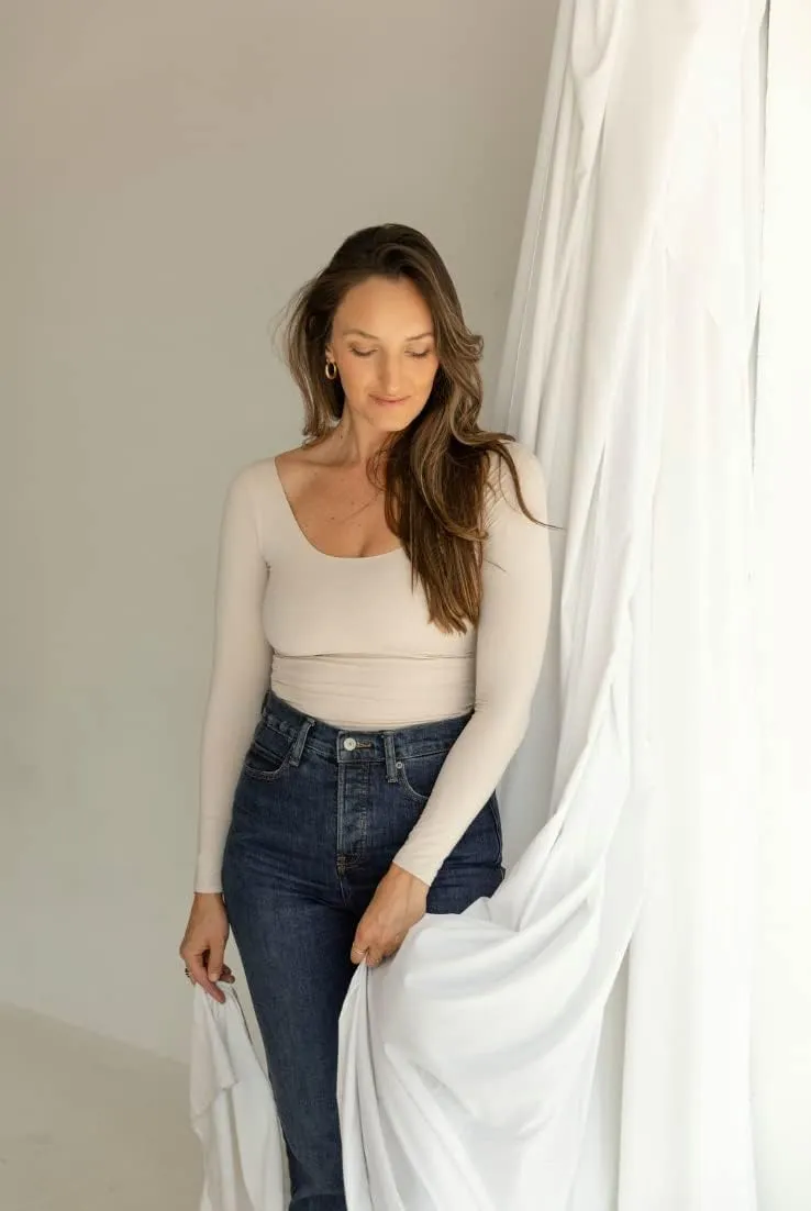 Almere Long Sleeve Top for Women, Contour Double-Lined Seamless Smooth Fabric Sleeved Basic Top w/Low Neck Cut
