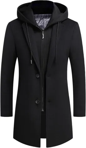 APTRO Men's Wool Trench Coat Winter Hoodie Coat Premium Business Wool Jacket