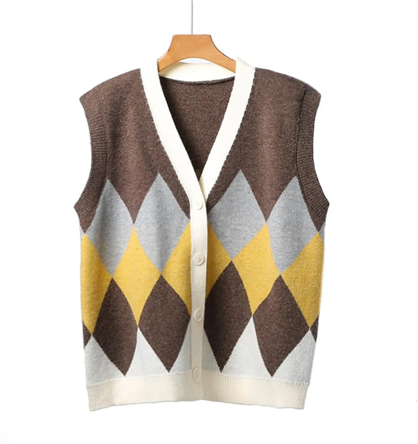 Argyle Sweater Vests for Women Classic V Neck Button Front Sleeveless Crochet Knit Sweater Casual Cardigan Overweart