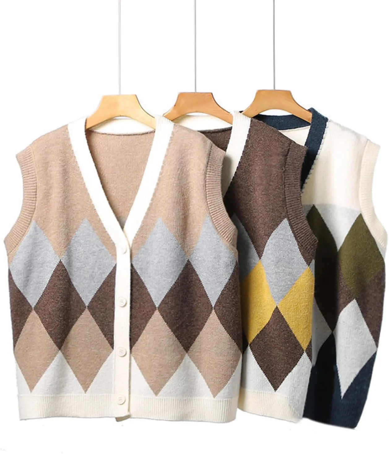 Argyle Sweater Vests for Women Classic V Neck Button Front Sleeveless Crochet Knit Sweater Casual Cardigan Overweart