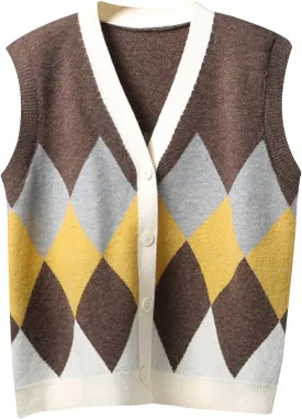 Argyle Sweater Vests for Women Classic V Neck Button Front Sleeveless Crochet Knit Sweater Casual Cardigan Overweart
