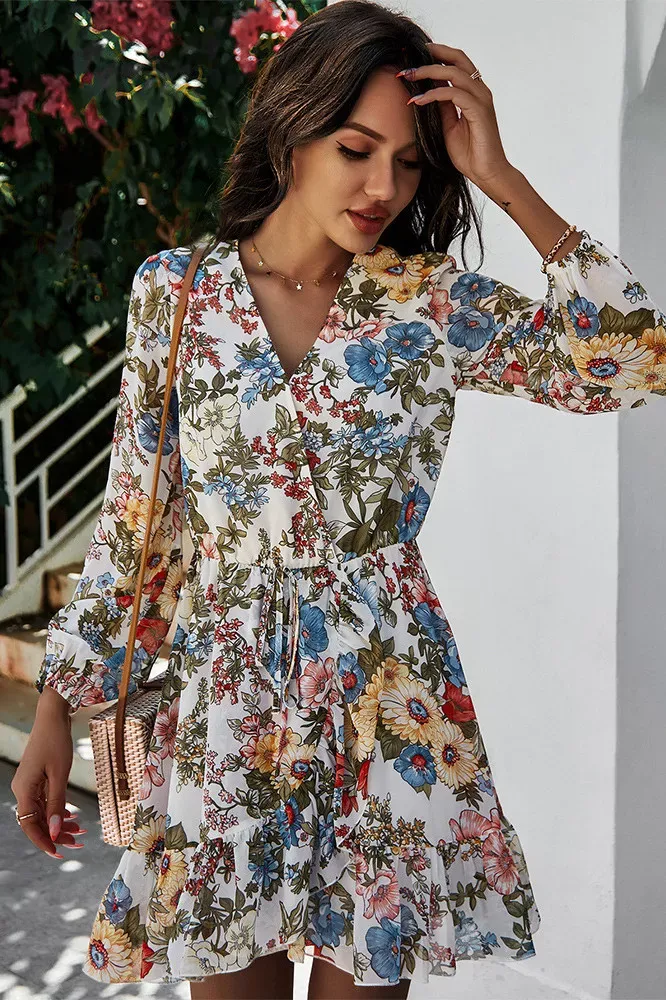 Aurano Chiffon Floral Dress (White)