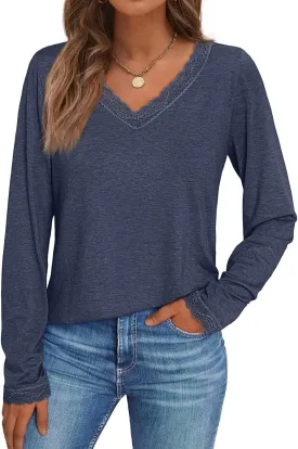 AUTOMET Long Sleeve T Shirts for Women Lace V Neck Casual Cute Tops Loose Fit Fall Winter Basic Clothing