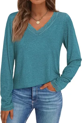 AUTOMET Long Sleeve T Shirts for Women Lace V Neck Casual Cute Tops Loose Fit Fall Winter Basic Clothing
