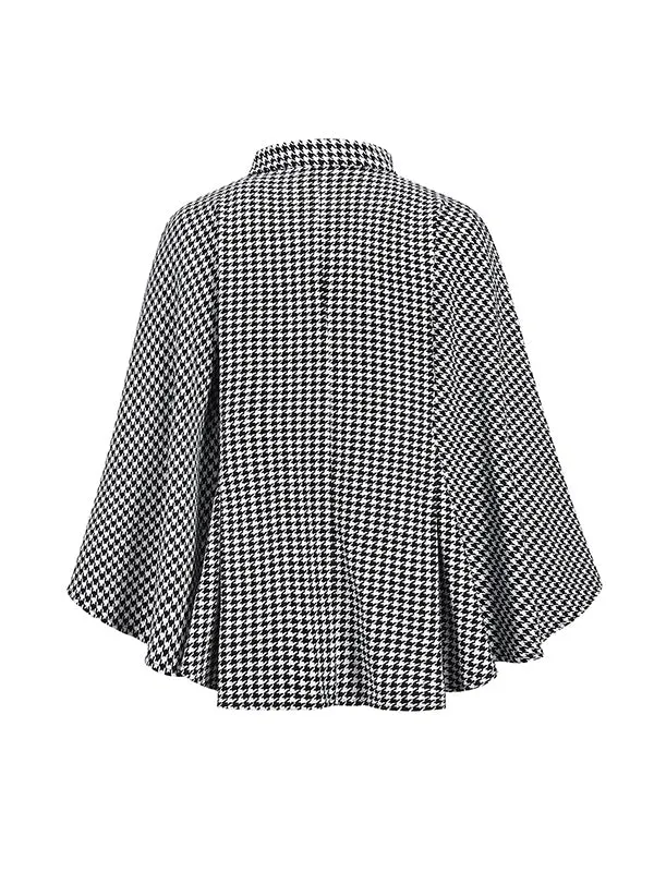 Batwing Sleeves Long Sleeves Houndstooth Tied Waist Stand Collar Cape Outerwear