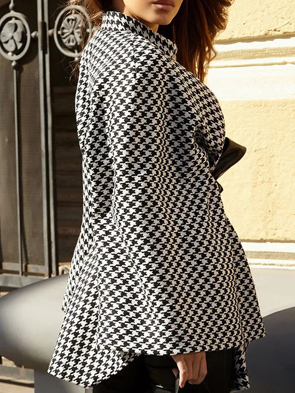 Batwing Sleeves Long Sleeves Houndstooth Tied Waist Stand Collar Cape Outerwear