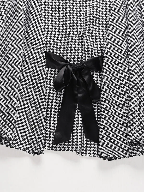 Batwing Sleeves Long Sleeves Houndstooth Tied Waist Stand Collar Cape Outerwear