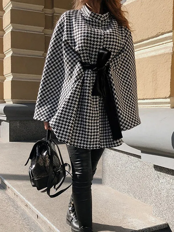 Batwing Sleeves Long Sleeves Houndstooth Tied Waist Stand Collar Cape Outerwear