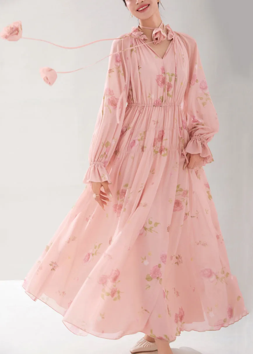 Beautiful Pink Ruffled Print Lace Up Chiffon Dress Fall QR038