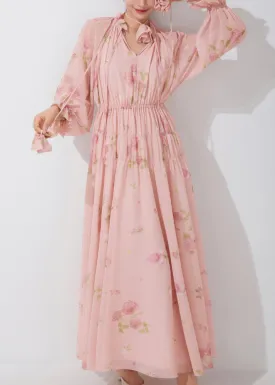Beautiful Pink Ruffled Print Lace Up Chiffon Dress Fall QR038