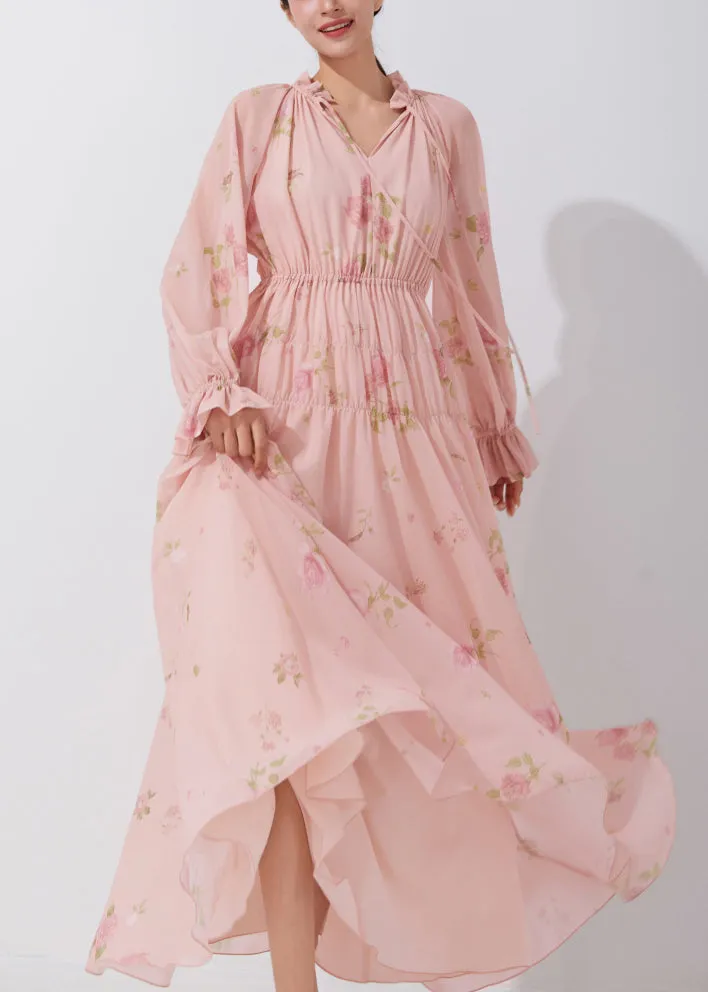 Beautiful Pink Ruffled Print Lace Up Chiffon Dress Fall QR038