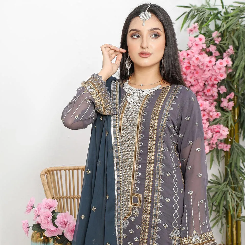 Bin Hameed Hoorain Luxury Chiffon Embroidered 3pcs Suit - 9