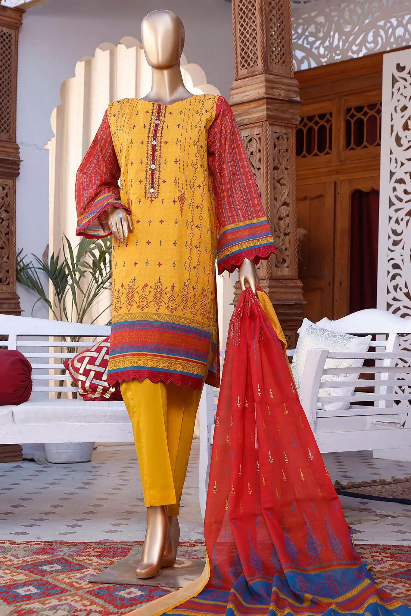 Bin Saeed Stitched 3 Piece Embroidered Lawn Collection'2022-F-0012-Yellow