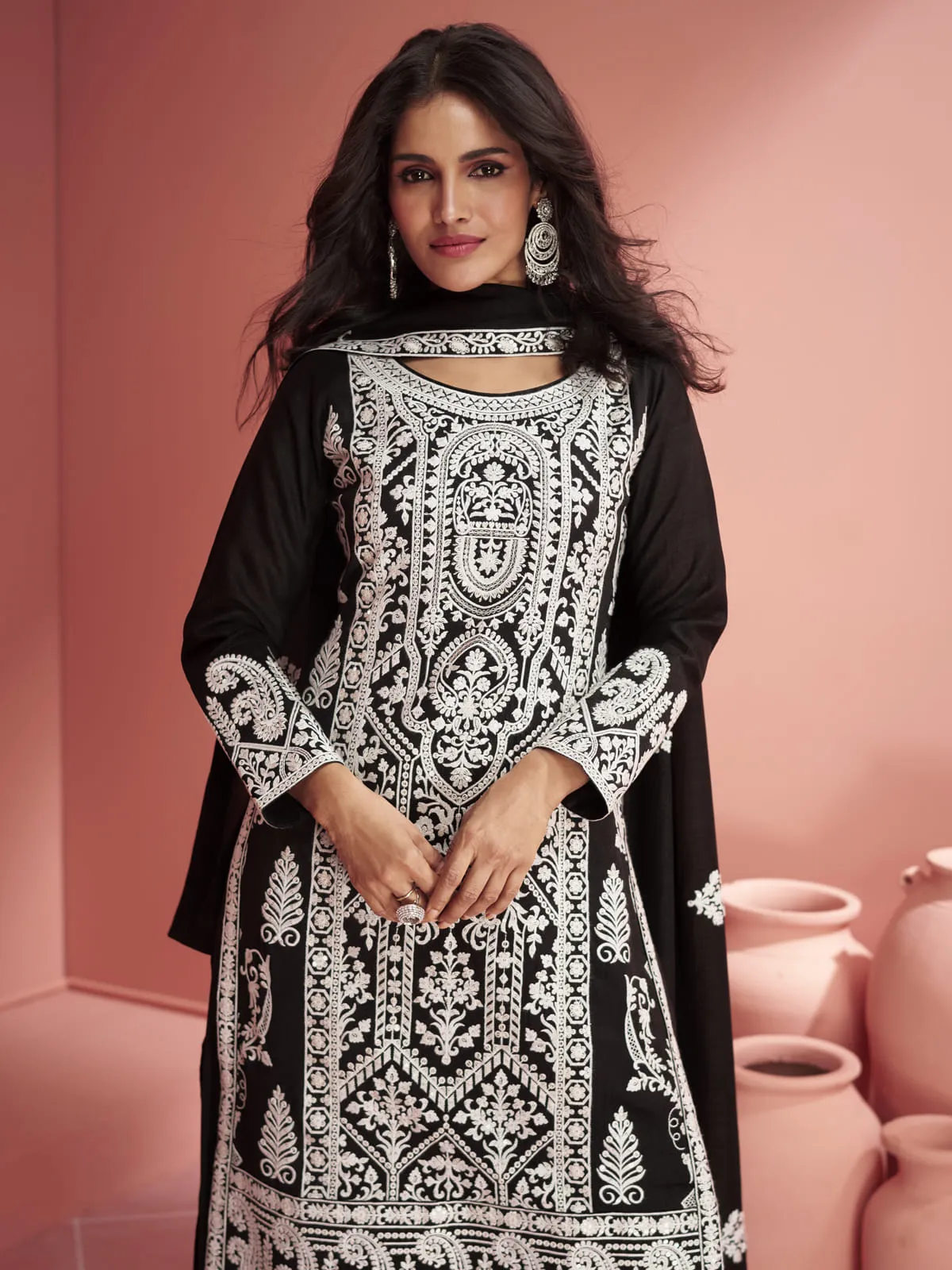 Black Embroidered Partywear Palazzo-Suit