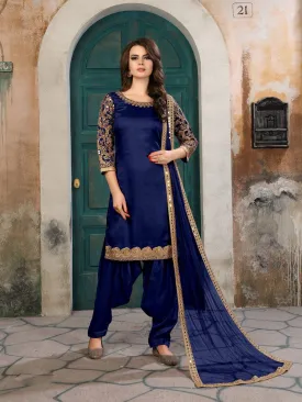 Blue Art Silk Partywear Patiala Suit