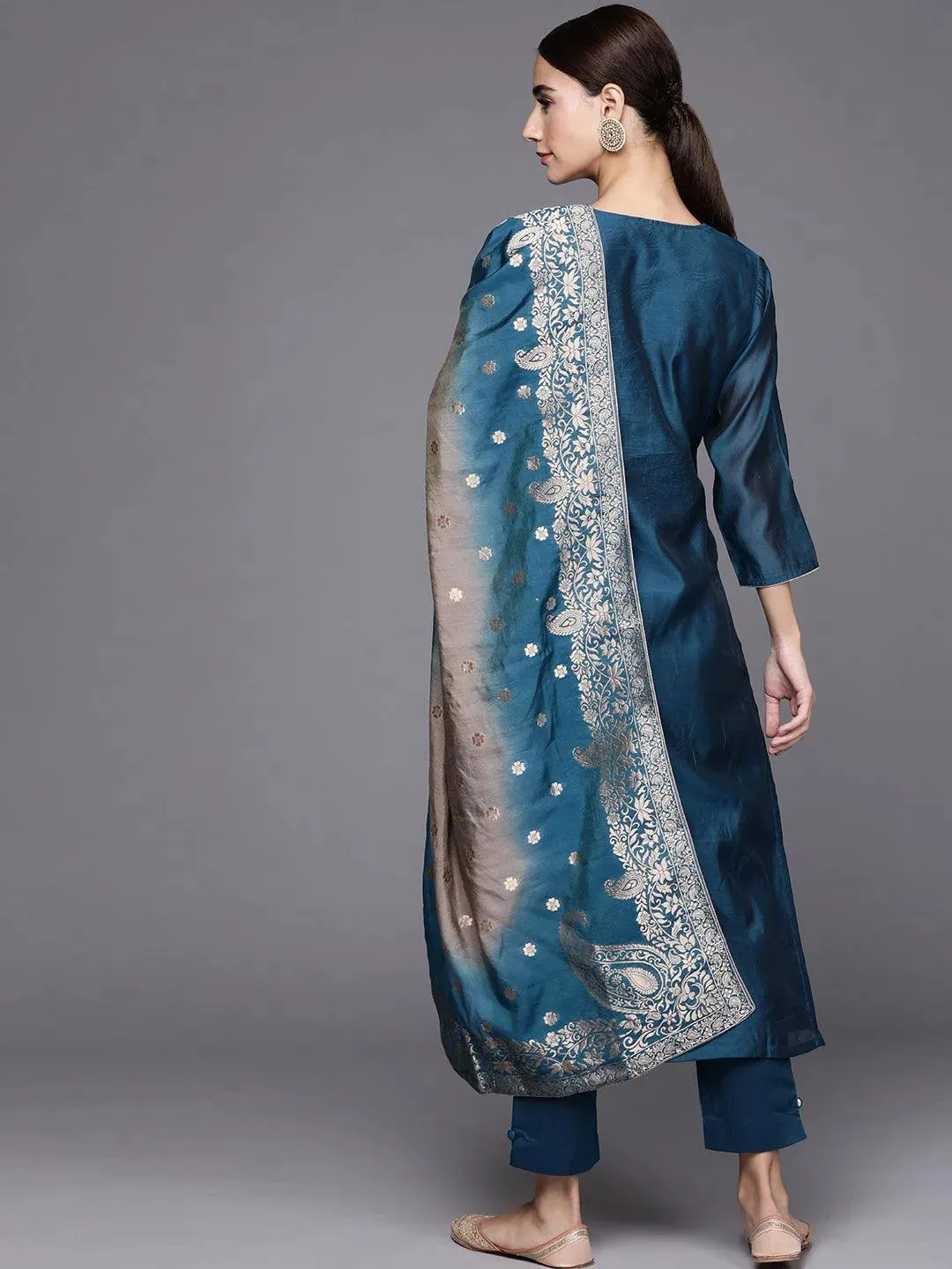 Blue Embroidered Chanderi Silk Straight Kurta With Dupatta