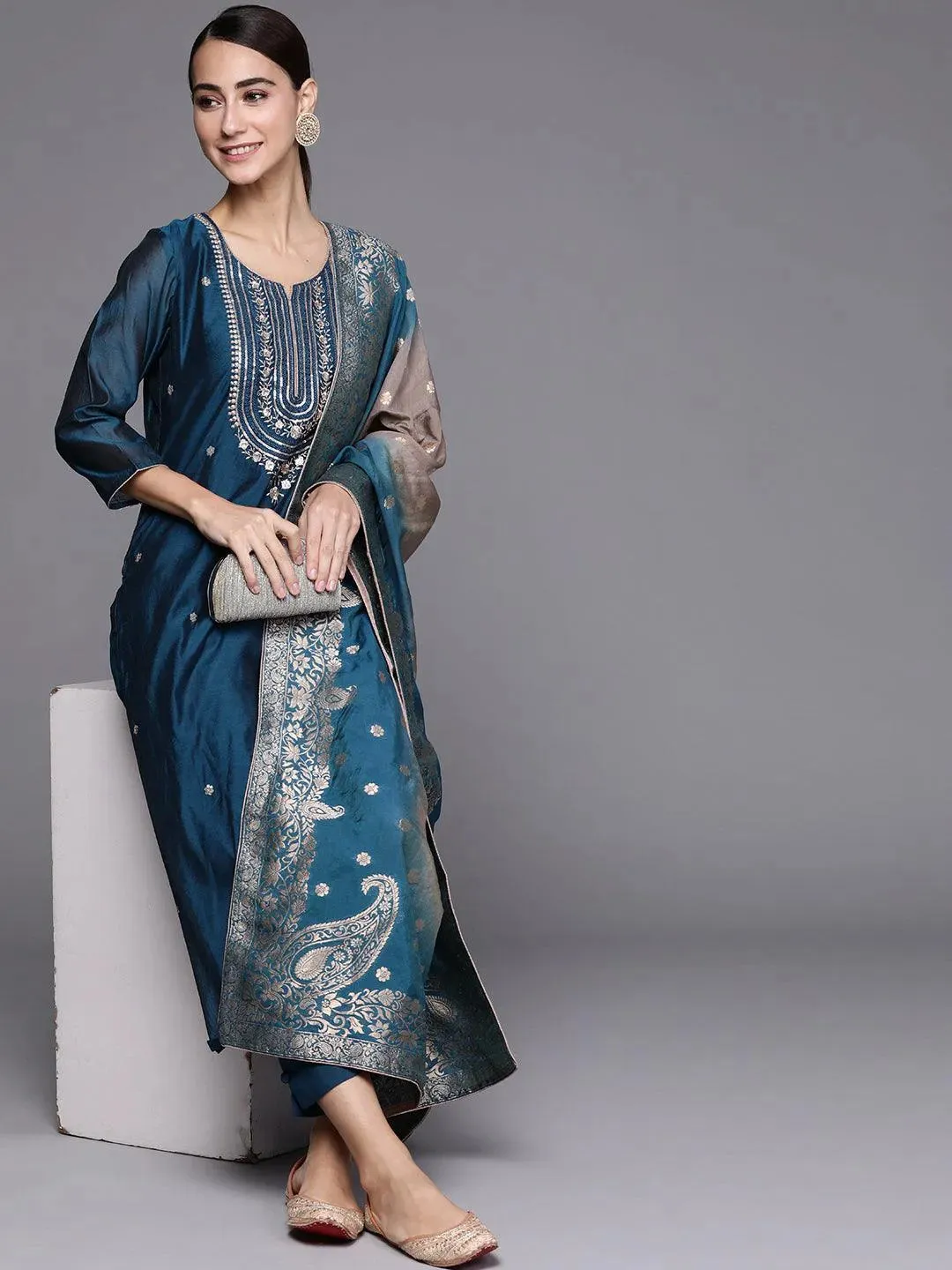 Blue Embroidered Chanderi Silk Straight Kurta With Dupatta
