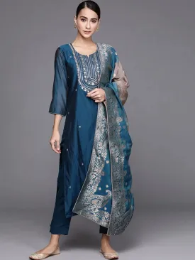 Blue Embroidered Chanderi Silk Straight Kurta With Dupatta