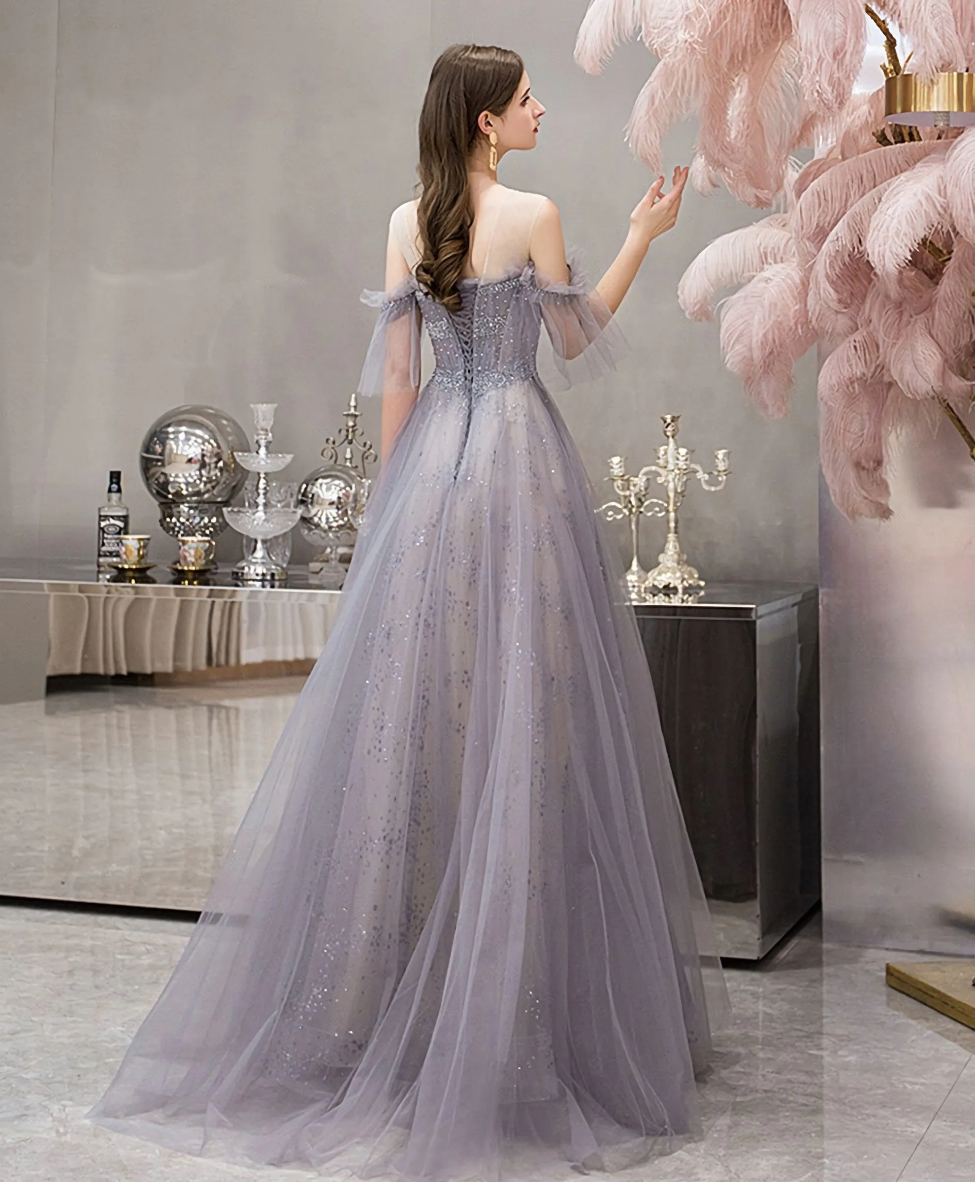 Blue Round Neck Tulle Sequin Long Prom Dress Blue Evening Dress