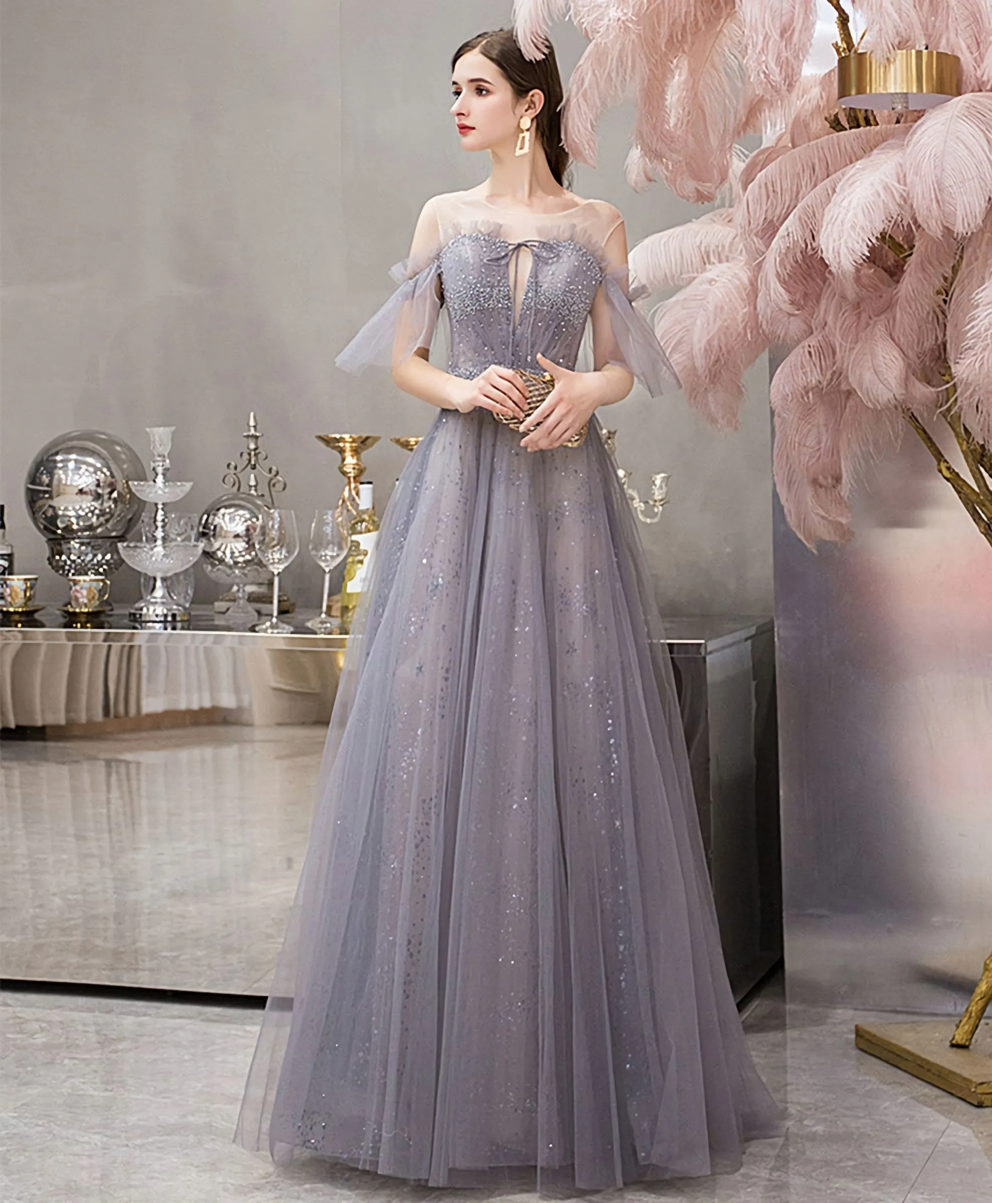 Blue Round Neck Tulle Sequin Long Prom Dress Blue Evening Dress
