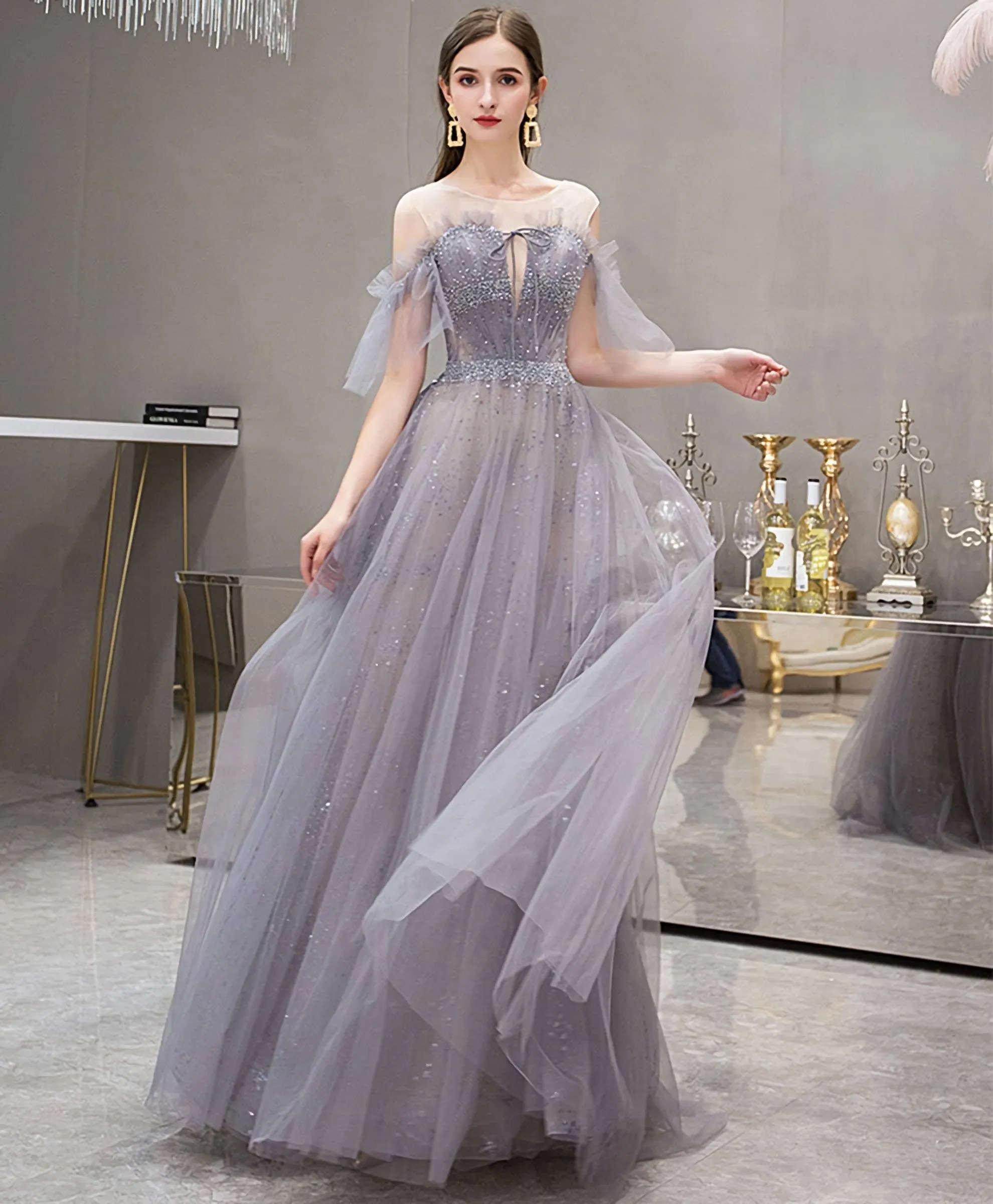 Blue Round Neck Tulle Sequin Long Prom Dress Blue Evening Dress