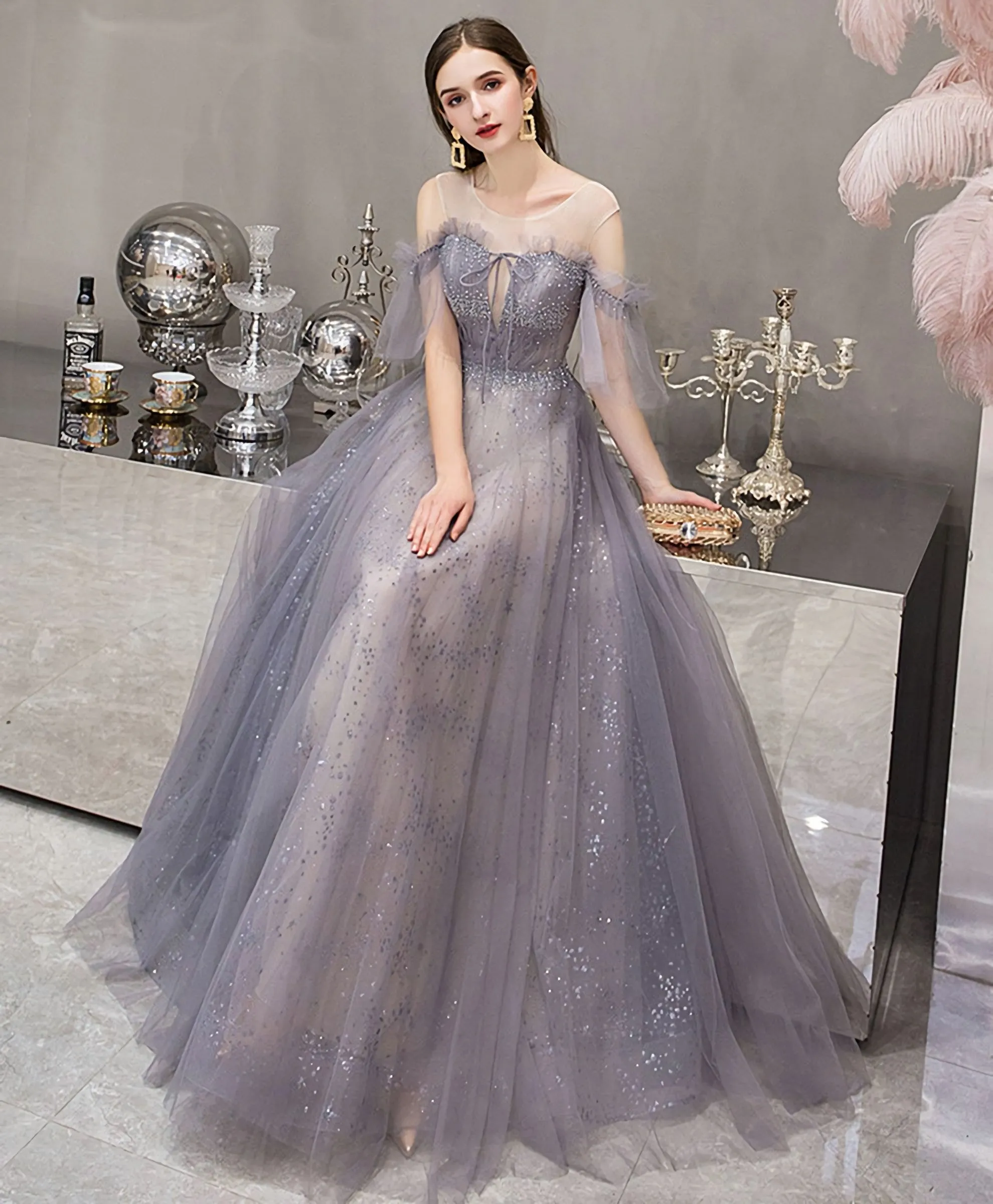 Blue Round Neck Tulle Sequin Long Prom Dress Blue Evening Dress