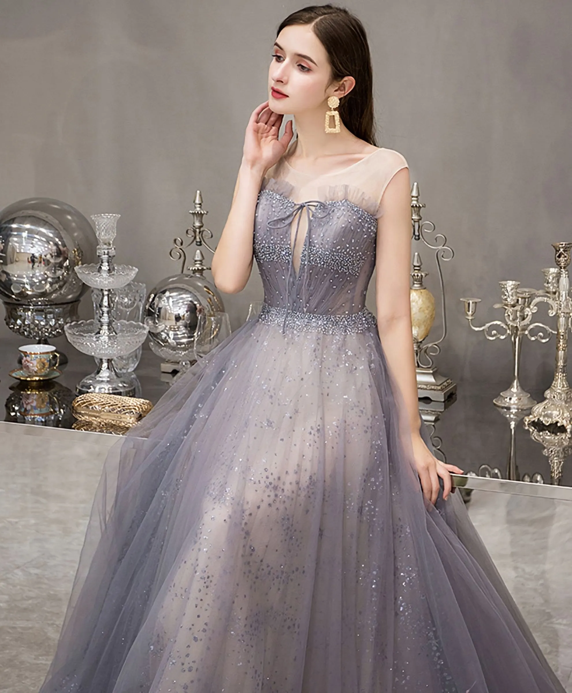 Blue Round Neck Tulle Sequin Long Prom Dress Blue Evening Dress
