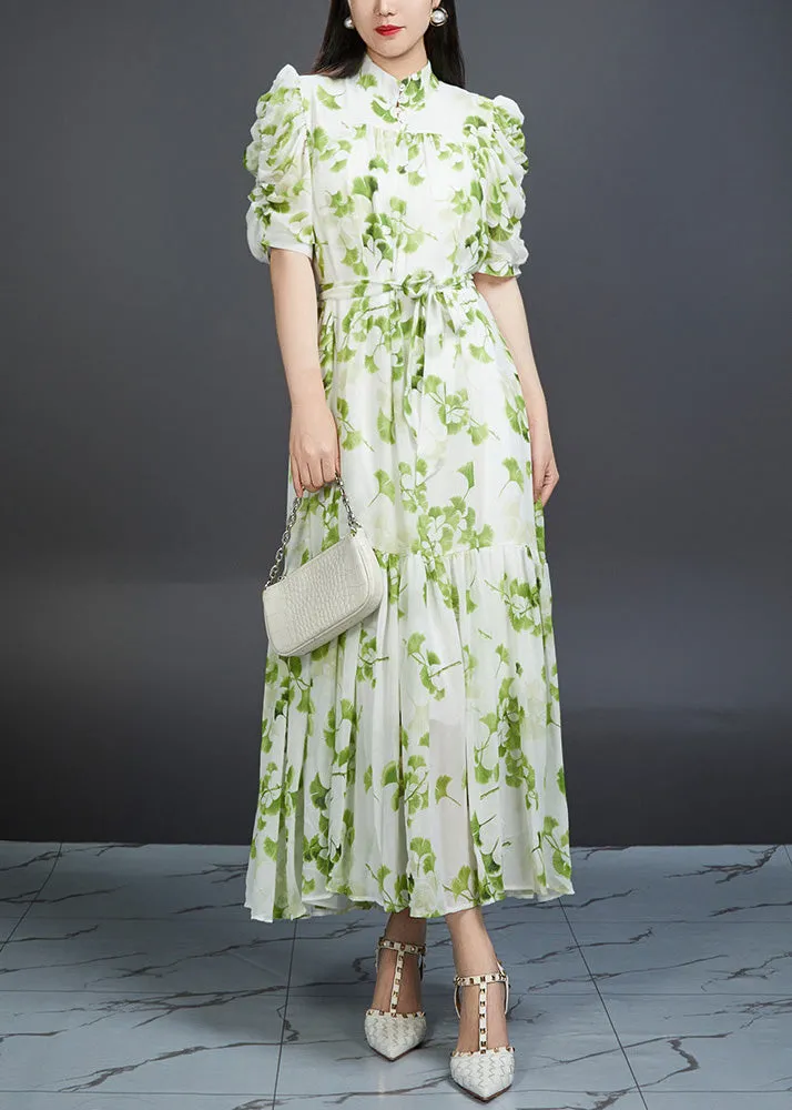 Bohemian Green Wrinkled Print Tie Waist Chiffon Dress Summer AJ1002