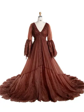 Boho Embroidery Lace Dress for Photo Shoot Woman Maxi Dress Photography Props YW240012