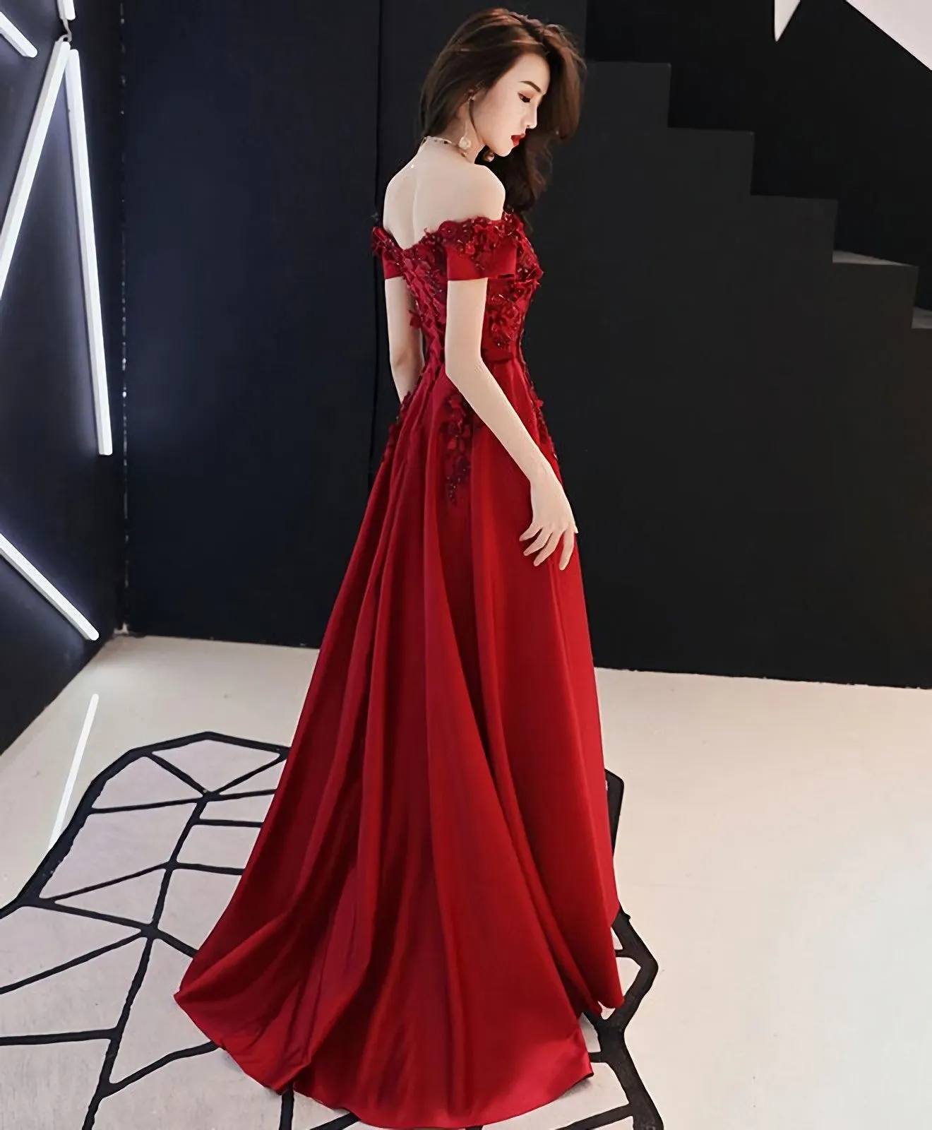 Burgundy Tulle Lace Long Prom Dress Burgundy Tulle Bridesmaid Dress