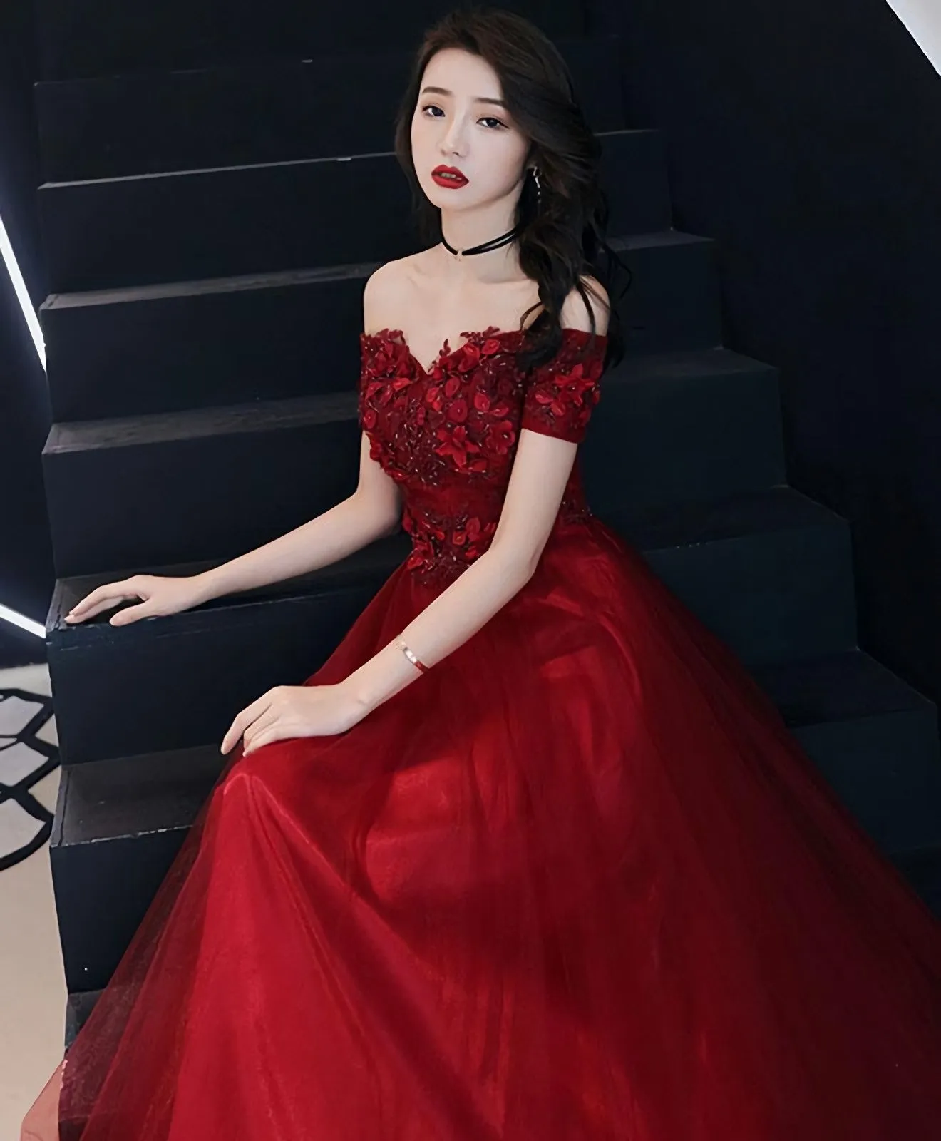 Burgundy Tulle Lace Prom Dress Burgundy Tulle Evening Dress