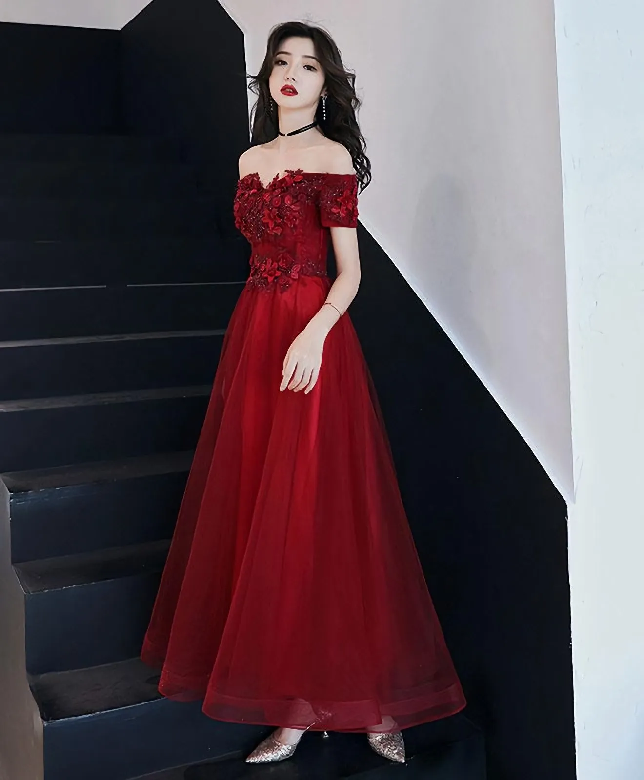 Burgundy Tulle Lace Prom Dress Burgundy Tulle Evening Dress