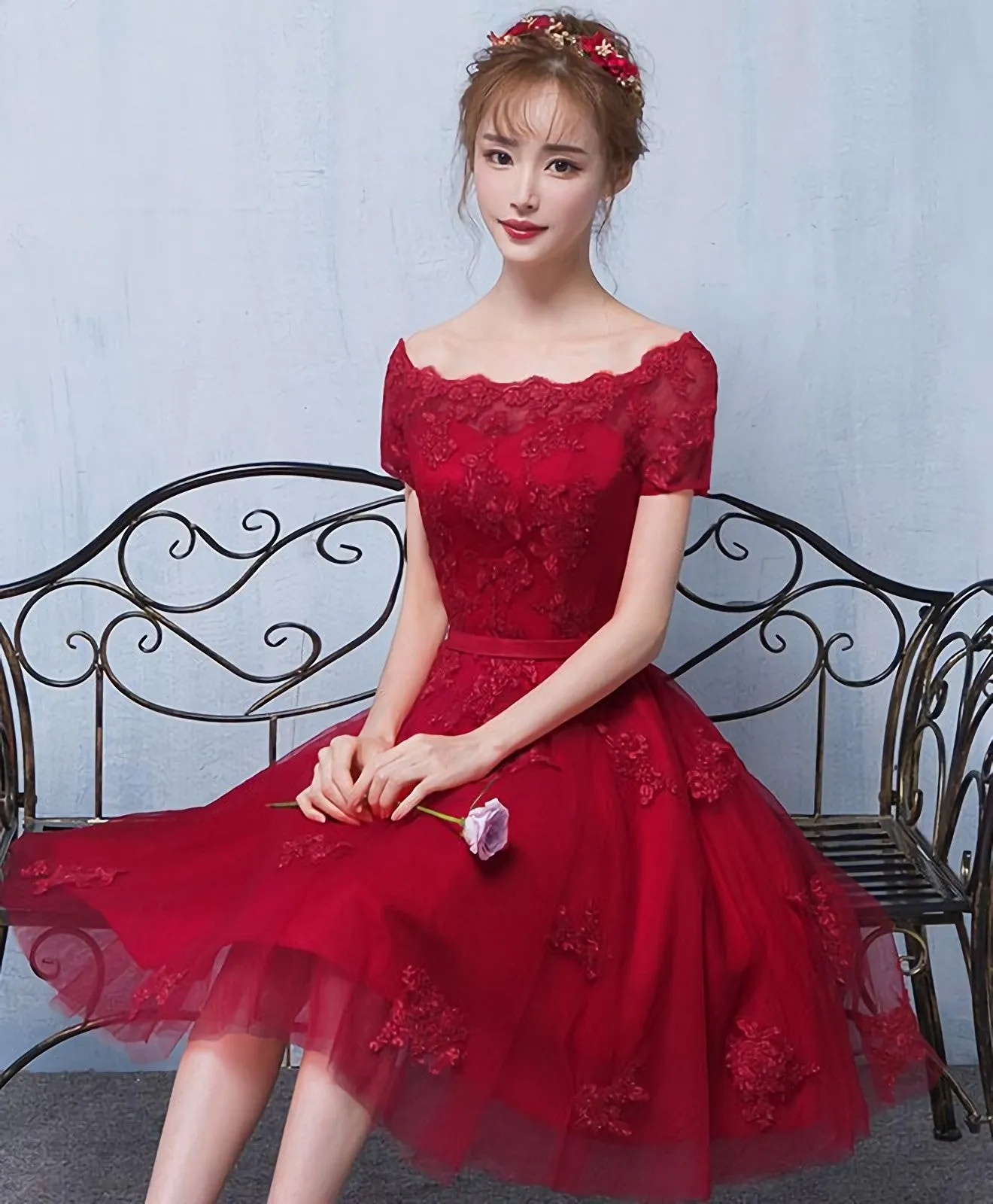 Burgundy Tulle Lace Short Prom Dress Burgundy Lace Homecoming Dress