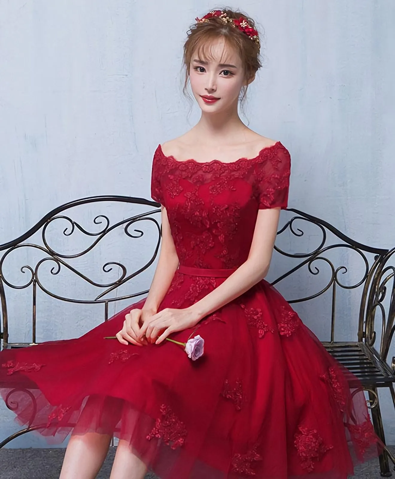 Burgundy Tulle Lace Short Prom Dress Burgundy Lace Homecoming Dress
