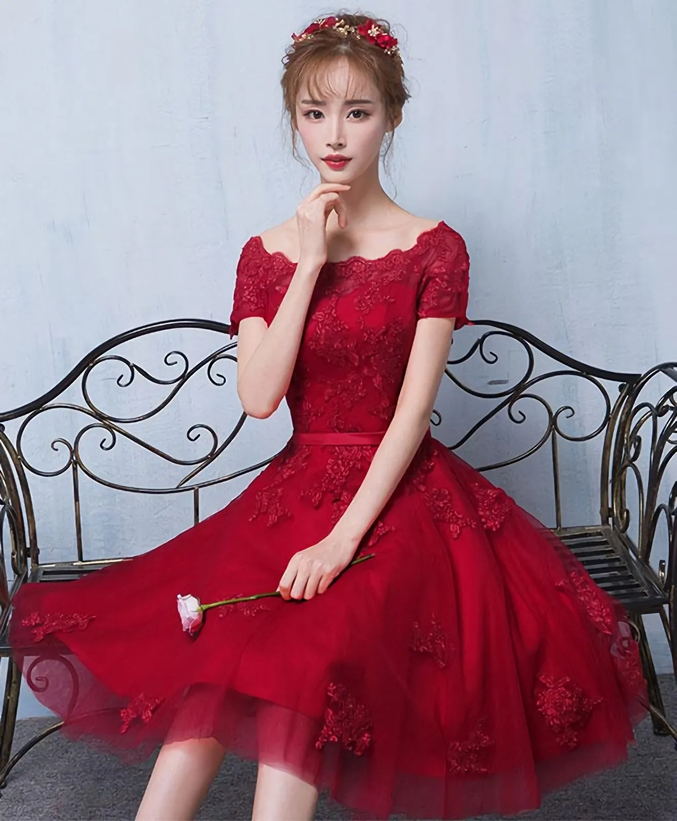 Burgundy Tulle Lace Short Prom Dress Burgundy Lace Homecoming Dress