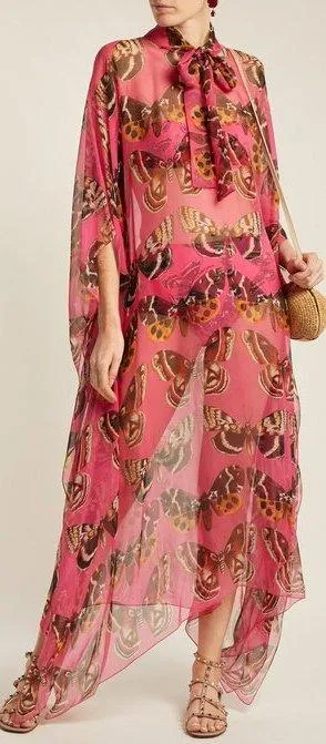 Butterfly Print Chiffon Kaftan Dress