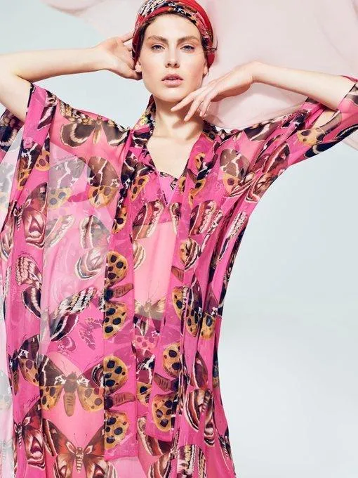 Butterfly Print Chiffon Kaftan Dress